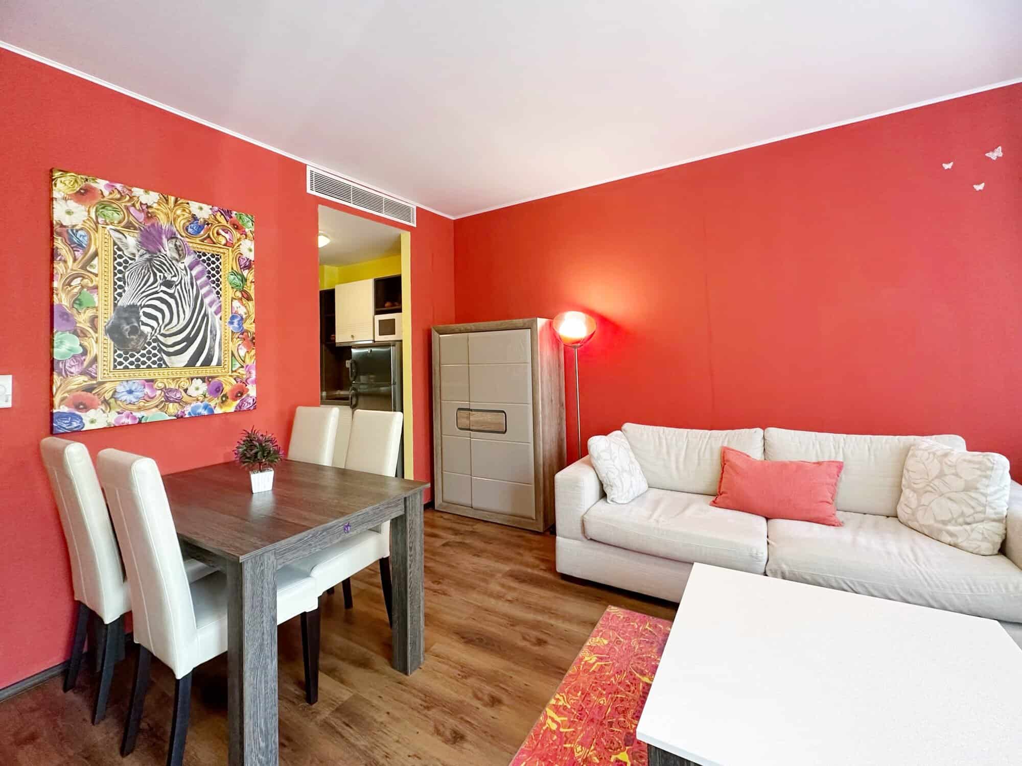 Bright 2-bedroom apartment in Peter House Complex, Sunny Beach, with colorful decor and modern furni.