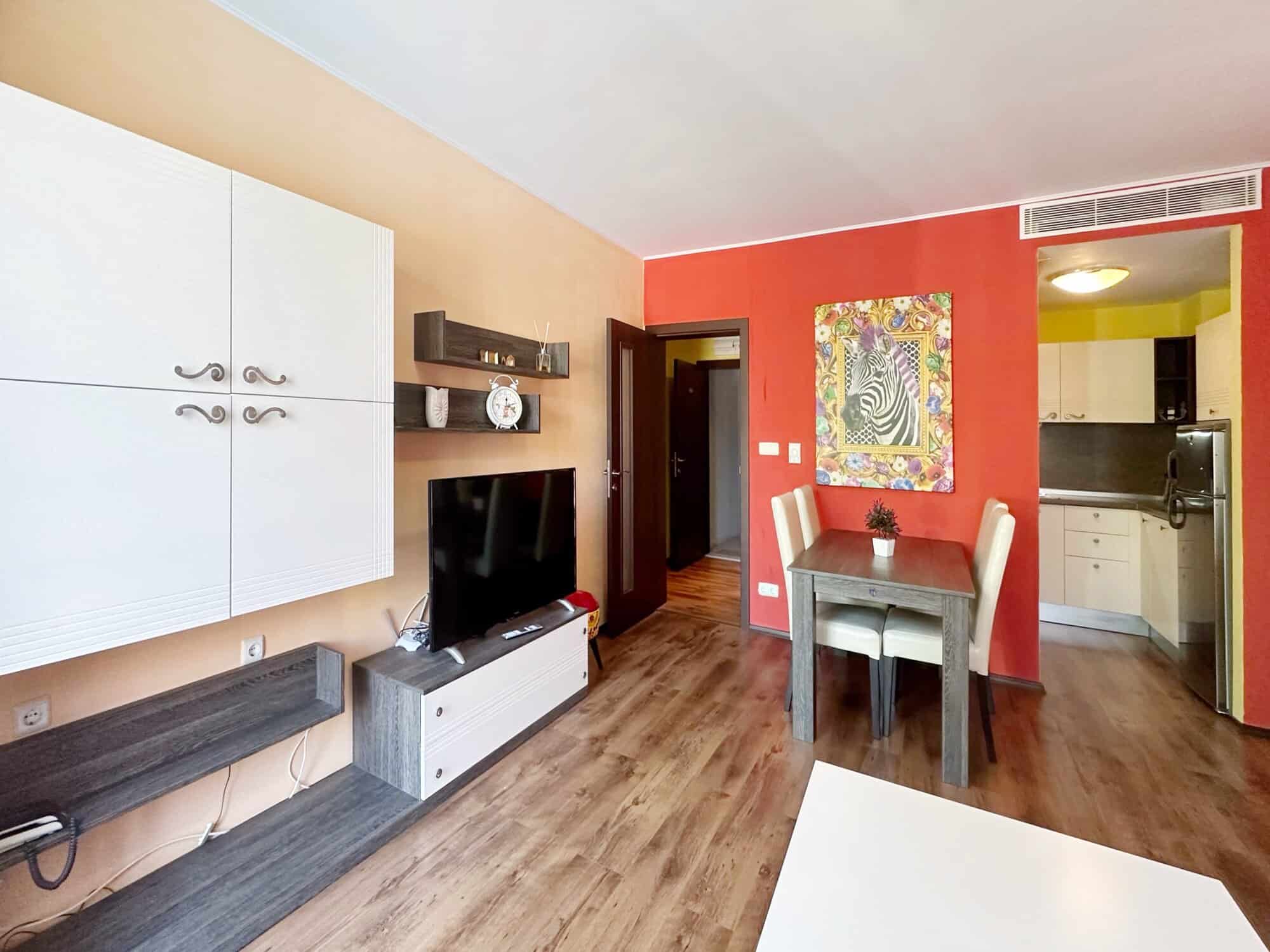 Bright 2-bedroom apartment in Peter House Complex, Sunny Beach, with stylish living area and open ki.