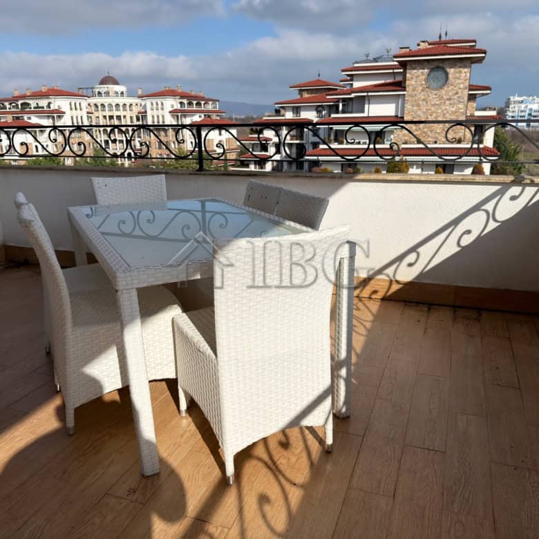 Balcony of a luxury two-bedroom apartment in Esteban SPA Complex, Nessebar, with cityscape and sceni.