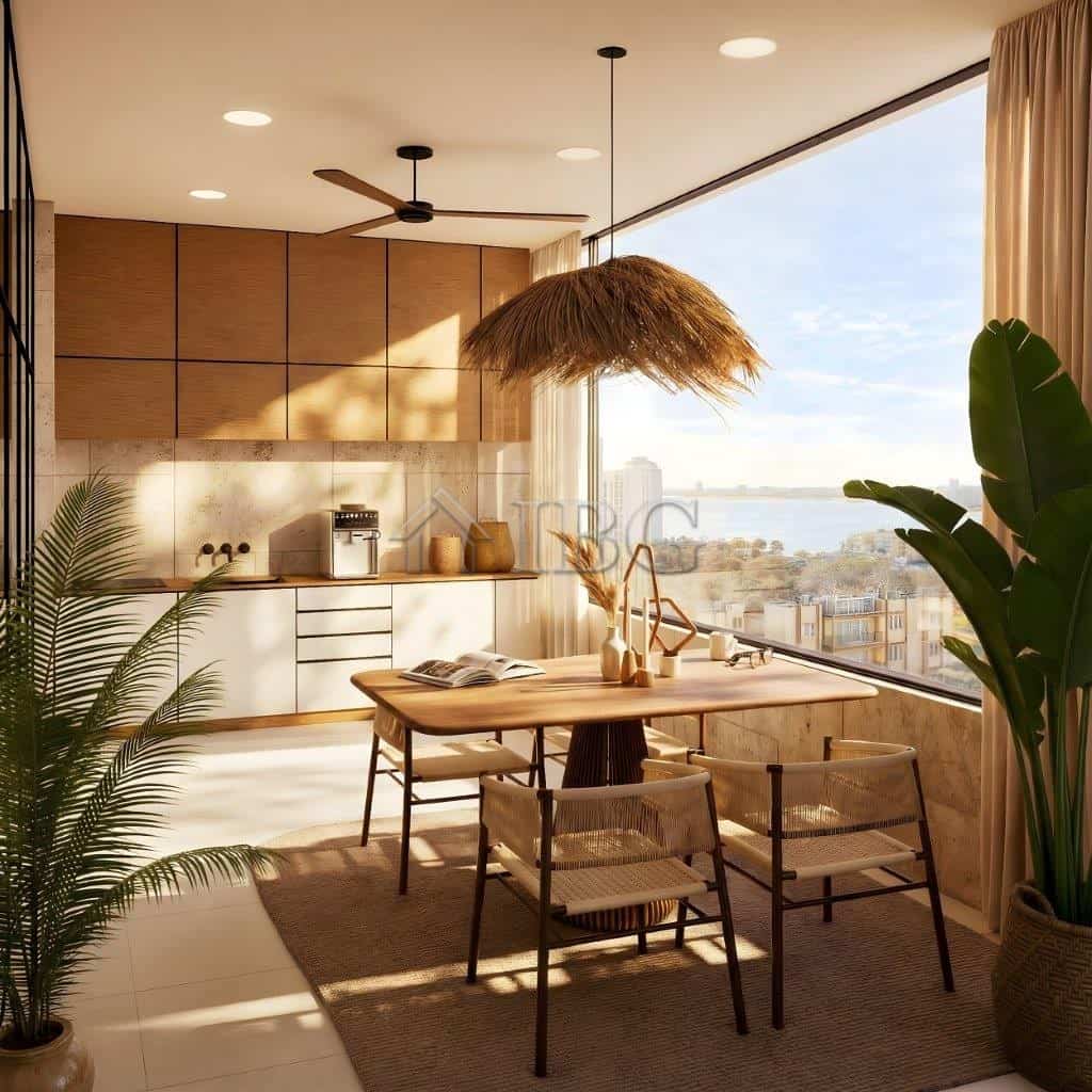 Bright dining area with sea view in Loggia Residences near Sunny Beach.