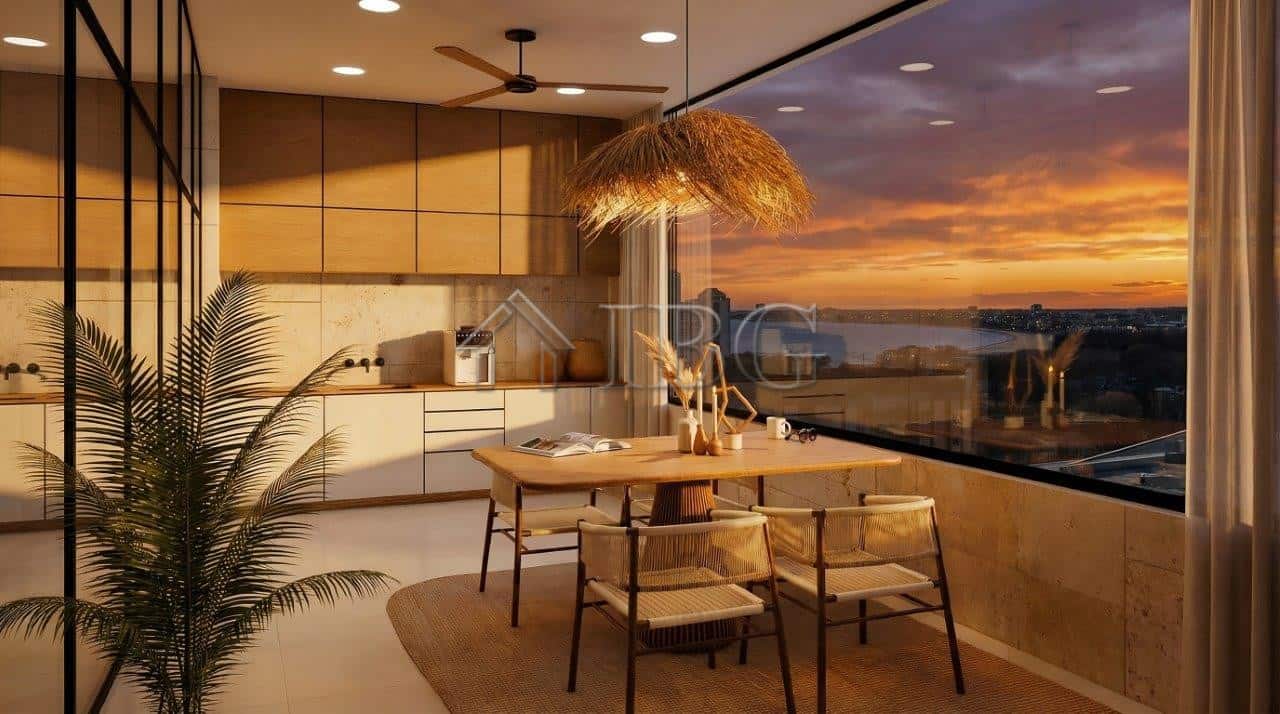 Sea view loggia with modern interiors and sunset scenery.