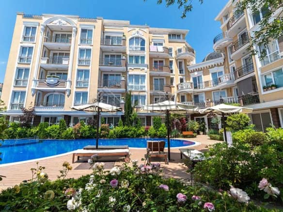 Modern apartment with pool view at Messembria Palace, Sunny Beach, Bulgaria.