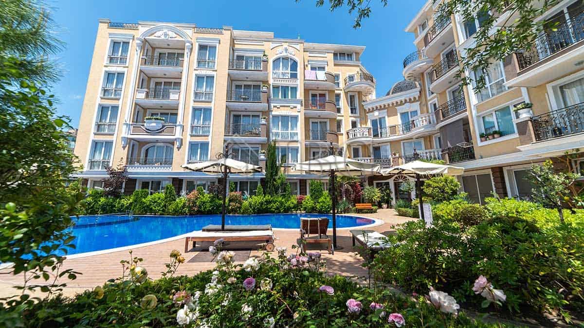 Modern apartment with pool view at Messembria Palace, Sunny Beach, Bulgaria.