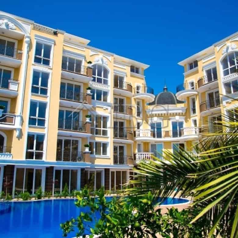 Modern apartment with pool view at Messembria Palace, Sunny Beach, featuring 2 bedrooms and 2 bathro.