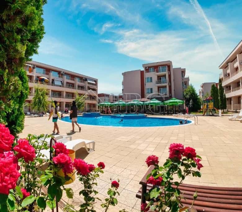 Beautiful pool view from a 1-bedroom apartment at Nessebar Fort Club in Sunny Beach.