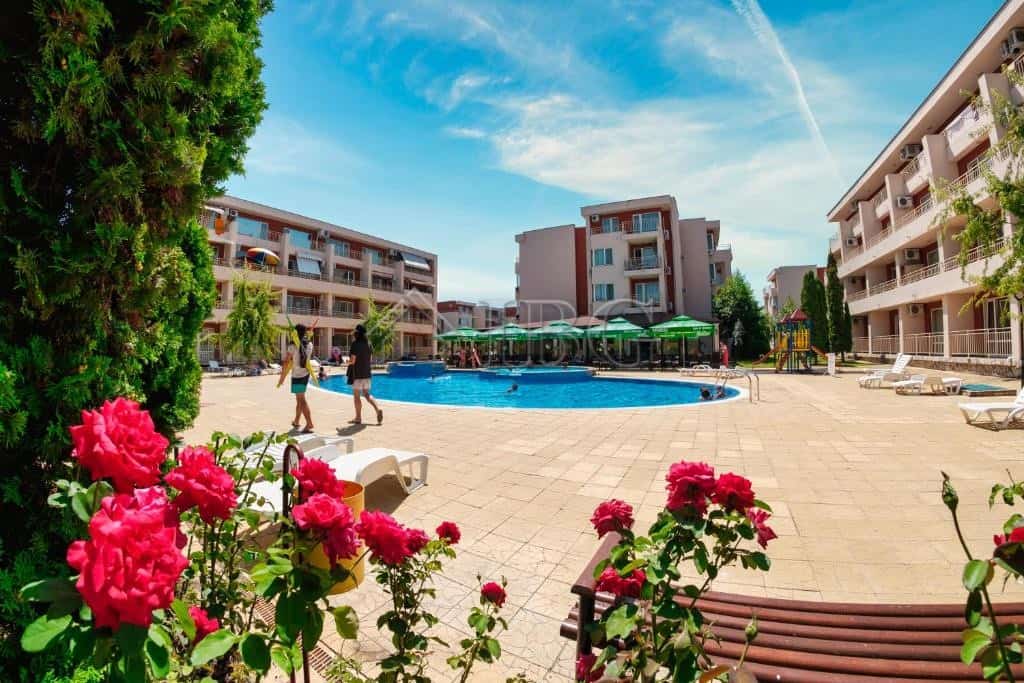 Beautiful pool view from a 1-bedroom apartment at Nessebar Fort Club in Sunny Beach.