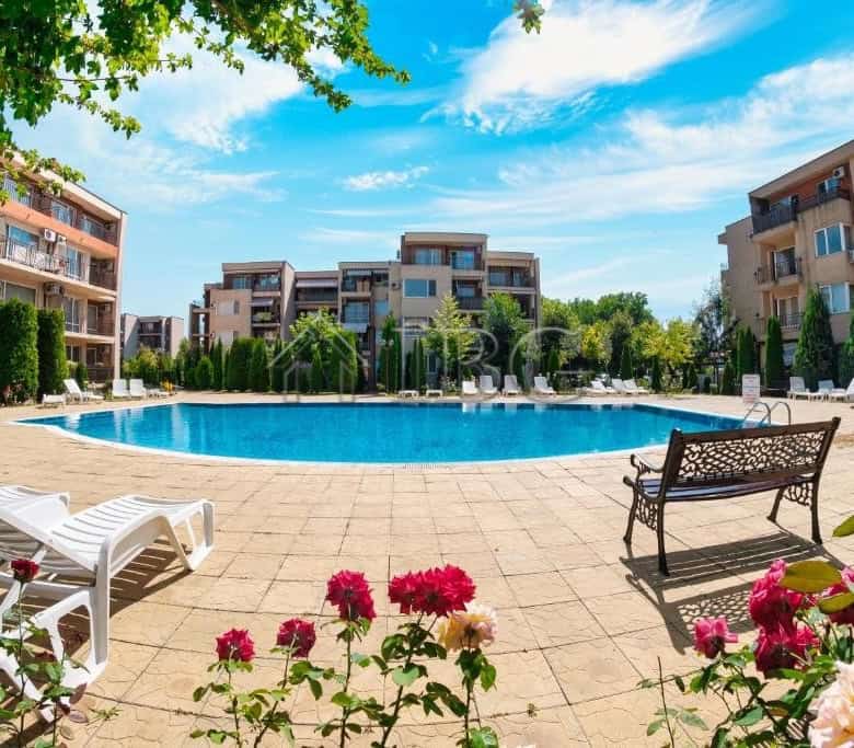 Pool view of a 1-bedroom apartment at Nessebar Fort Club, Sunny Beach.