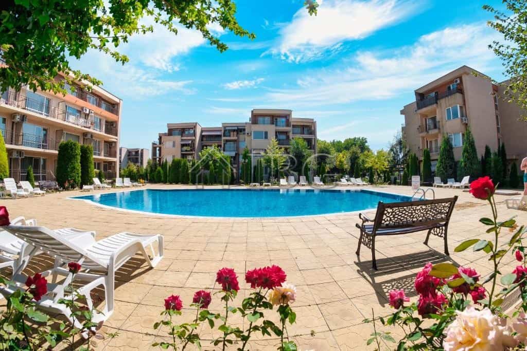 Pool view of a 1-bedroom apartment at Nessebar Fort Club, Sunny Beach.
