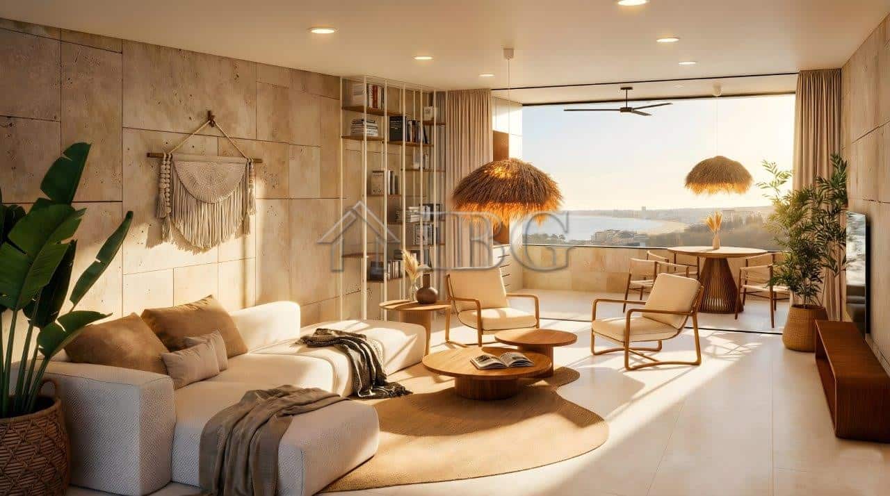 Bright living room with sea view, modern furniture, and natural light in Loggia Residences.