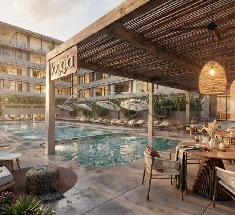 Modern poolside lounge at Loggia Residences near the sea in Sunny Beach.