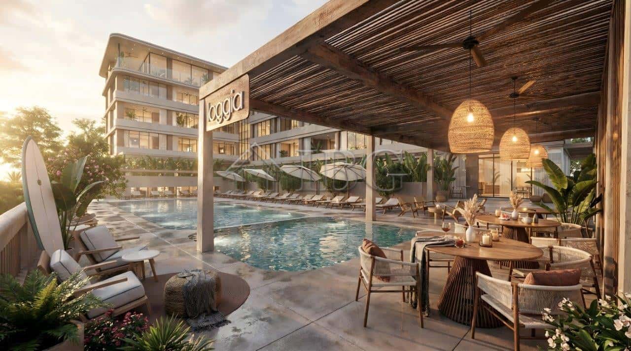 Modern poolside lounge at Loggia Residences near the sea in Sunny Beach.