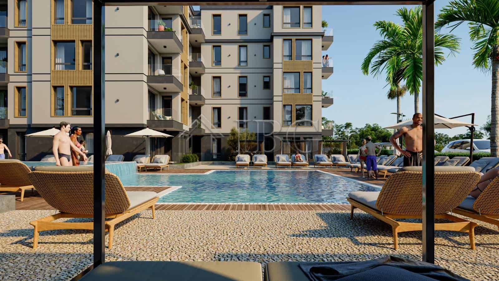 Modern apartment complex with pool in Ravda city center.