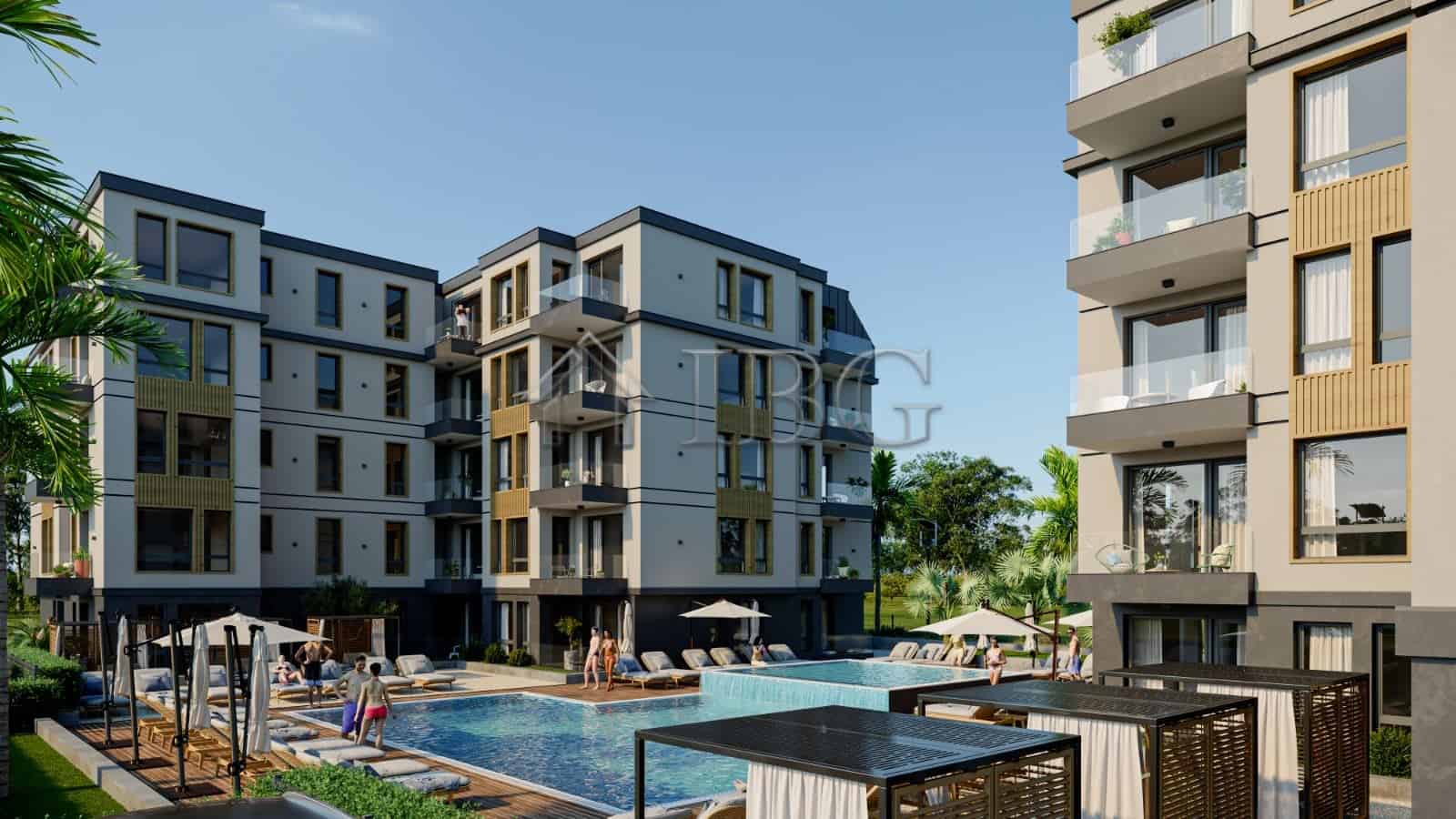 Modern Ravda City Residence apartment complex with pool and outdoor amenities.