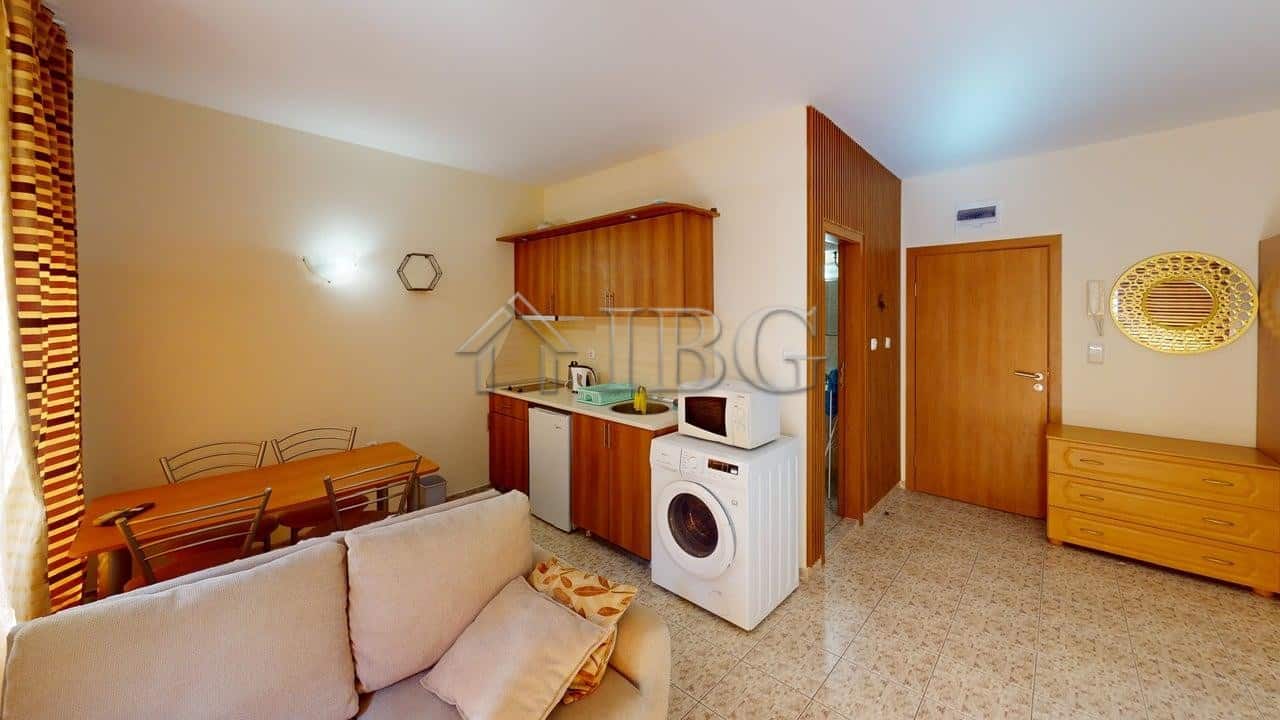 Studio apartment with balcony and green yard exit in Royal Dreams, Sunny Beach.