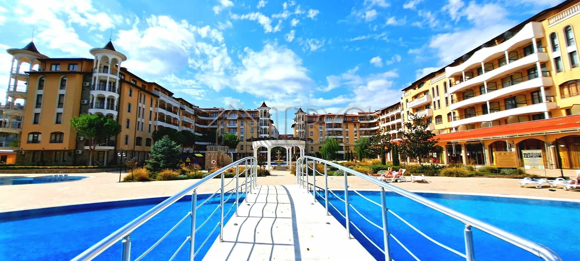 Modern apartment complex with pool at Sunny Beach, Bulgaria.
