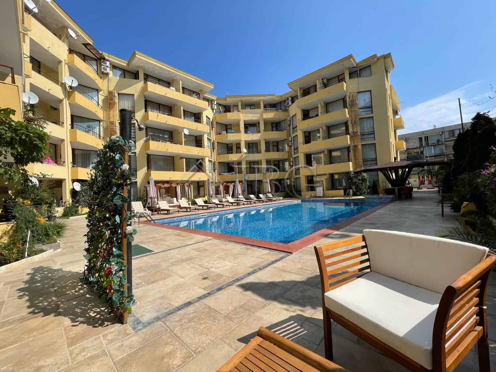Modern 2-bedroom apartment with three balconies overlooking the pool at Sands Complex, Sunny Beach.
