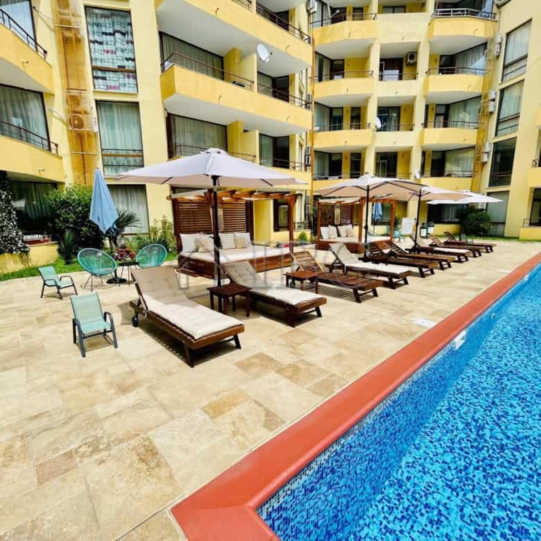 Modern apartment with three balconies overlooking the pool area in Sands Complex, Sunny Beach.