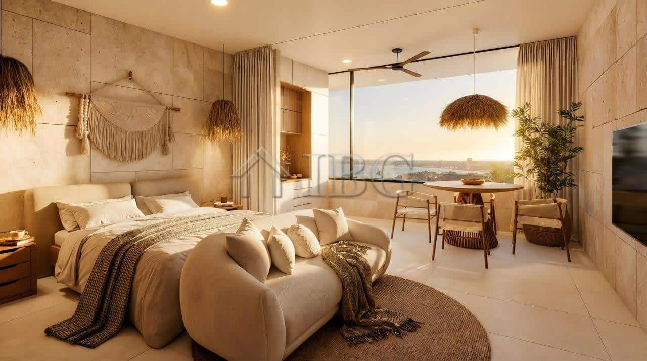 Spacious bedroom with sea view in Loggia Residences near Sunny Beach. Modern design and natural ligh.
