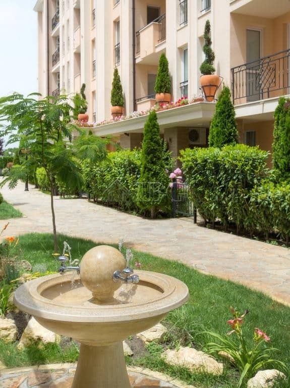Apartment with garden view and outdoor fountain in Sunny Beach, Bulgaria.