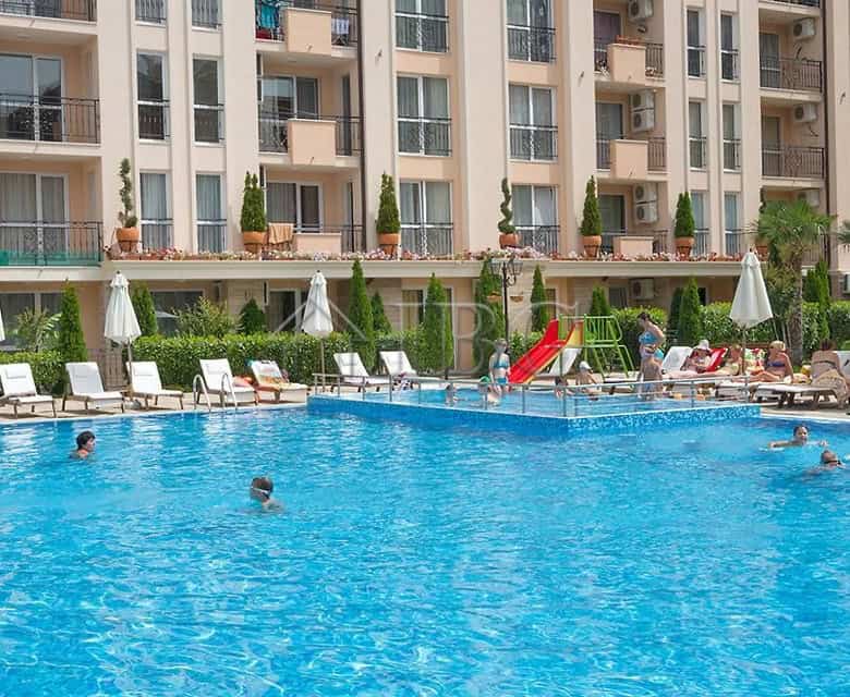 Bright 2-bedroom apartment overlooking a swimming pool in Sunny Beach, Bulgaria.