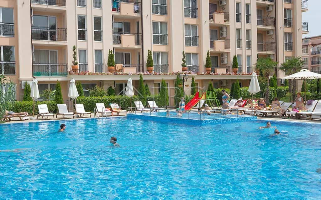 Bright 2-bedroom apartment overlooking a swimming pool in Sunny Beach, Bulgaria.