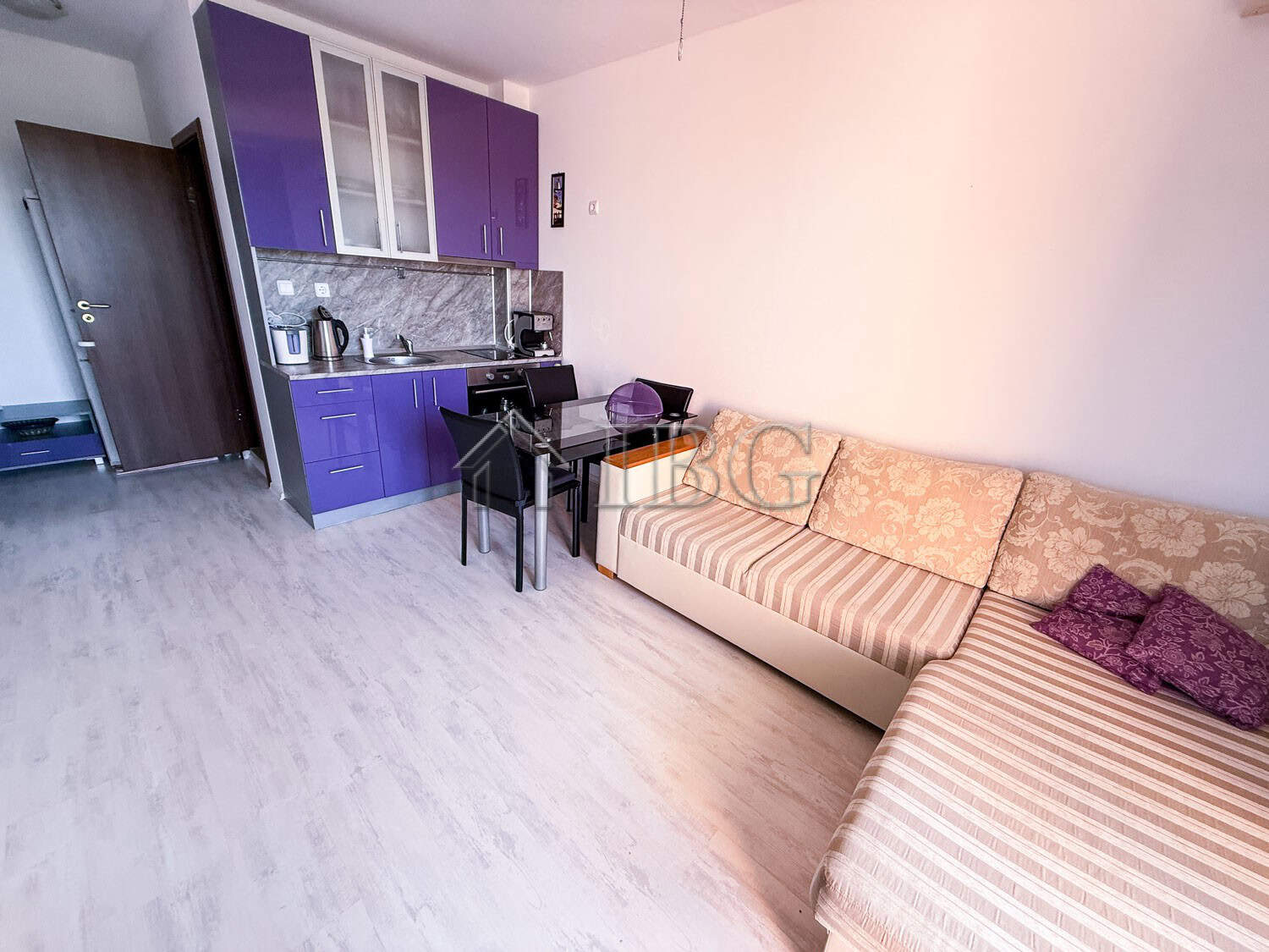 Bright furnished 2-room apartment near Sunny Beach, featuring a modern kitchen and cozy living area.