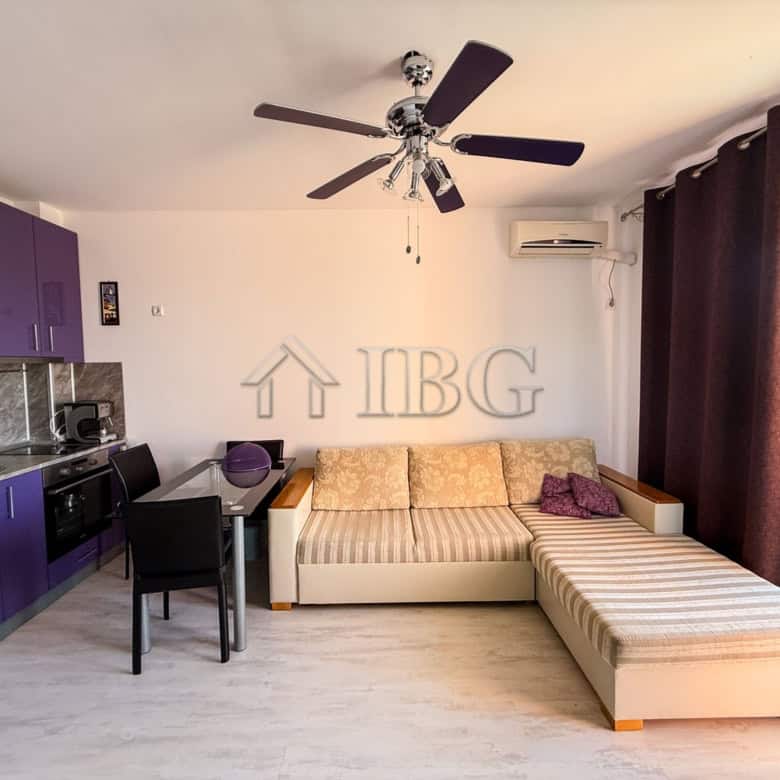 Furnished 2-room apartment for sale near Sunny Beach, Bulgaria, featuring a modern living area with.