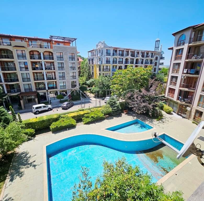 Modern apartment with pool view and sunny balcony in Sunny Beach.