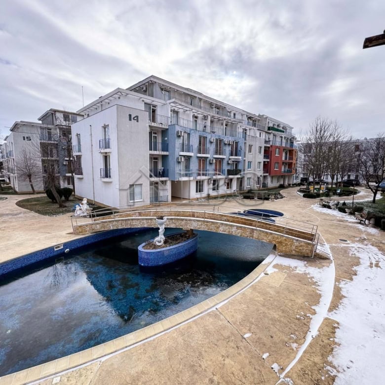 Pool view of a modern cozy studio apartment in Sunny Beach.