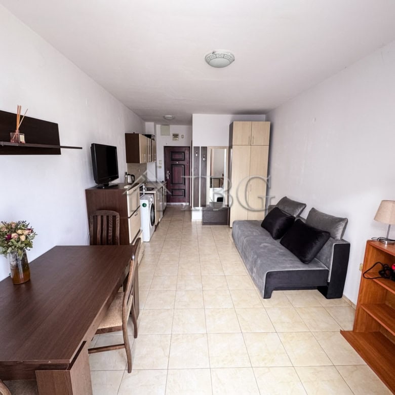 Modern studio apartment with pool view in Sunny Beach, perfect for a relaxing holiday.