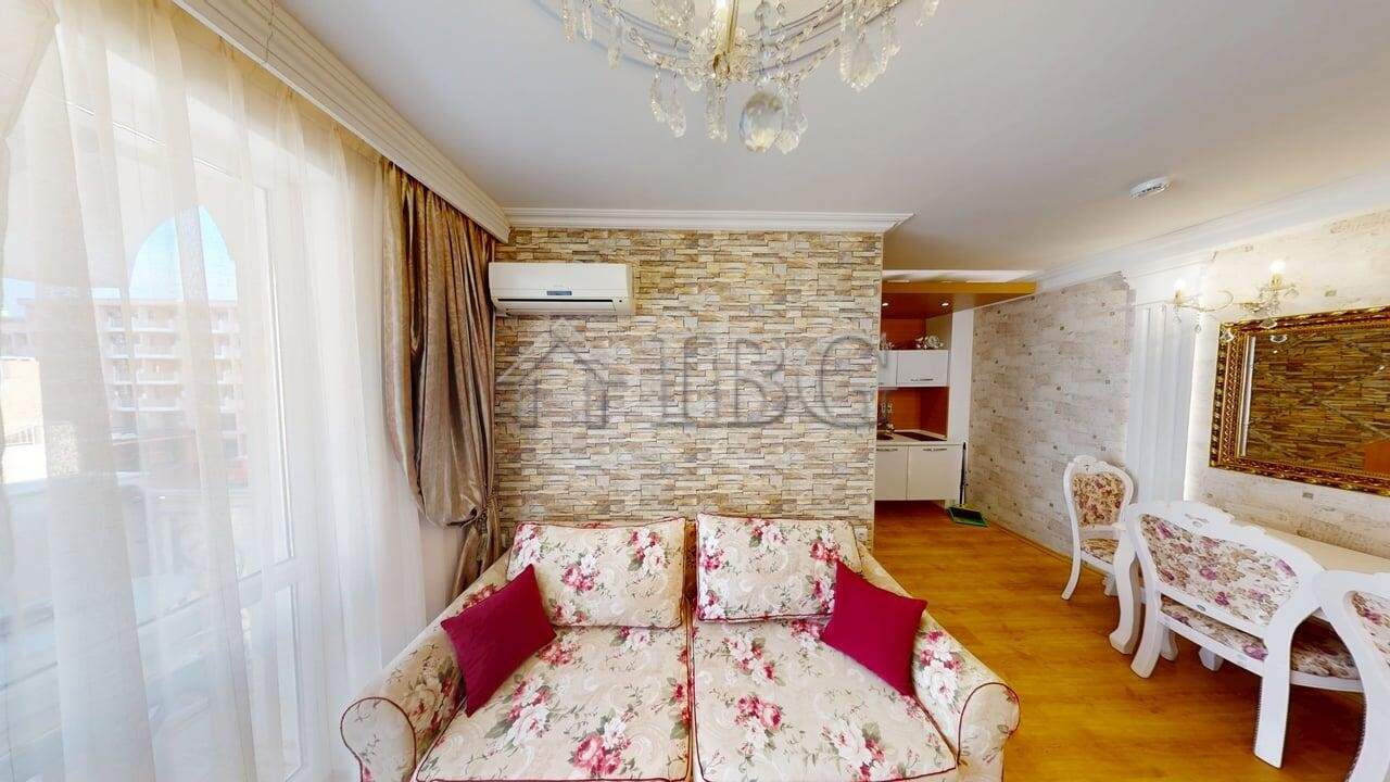 Cozy one-bedroom apartment interior with elegant decor in Sunny Beach, Bulgaria. Perfect for comfort.