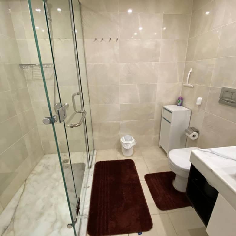 Elegant bathroom with shower, toilet, and storage cabinet.