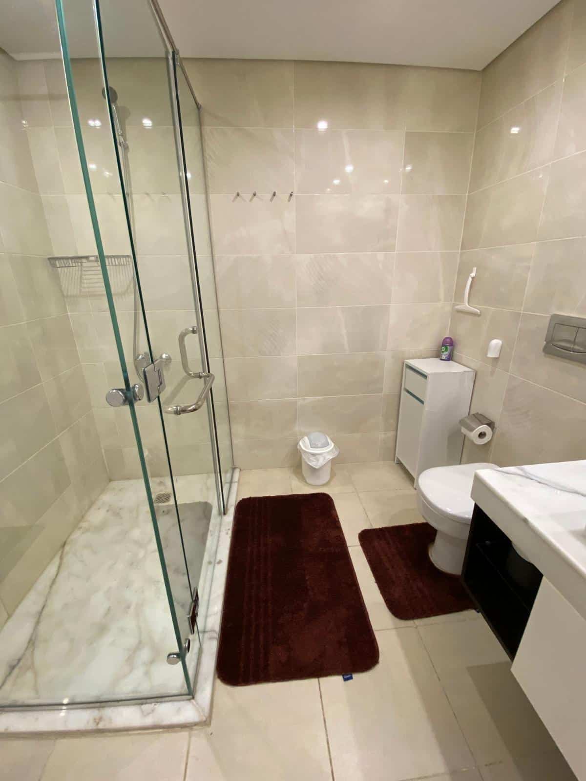 Elegant bathroom with shower, toilet, and storage cabinet.