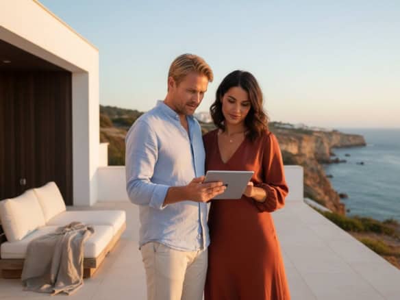 Couple looking at a tablet on a terrace overlooking the ocean at a luxurious coastal property.