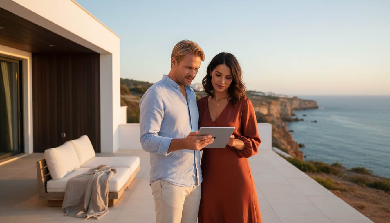 Couple looking at a tablet on a terrace overlooking the ocean at a luxurious coastal property.
