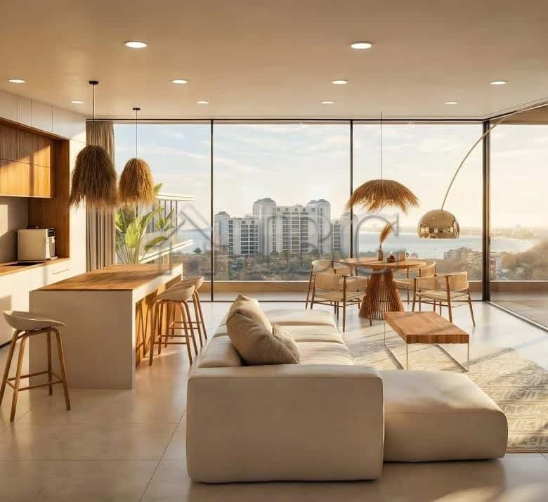 Contemporary living room with sea view and large windows in Sunny Beach.
