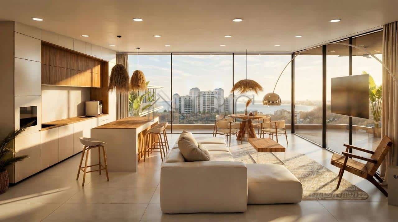 Contemporary living room with sea view and large windows in Sunny Beach.