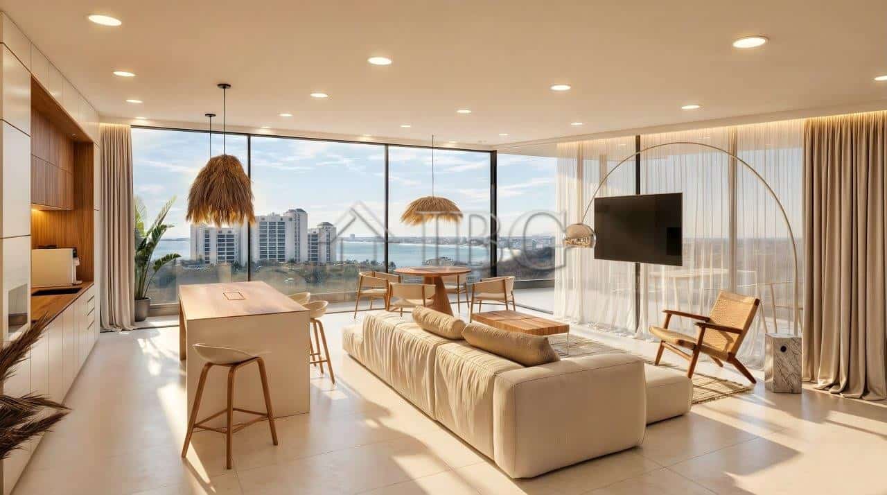 Spacious modern living room with panoramic sea views, stylish furniture, and natural light in Loggia.