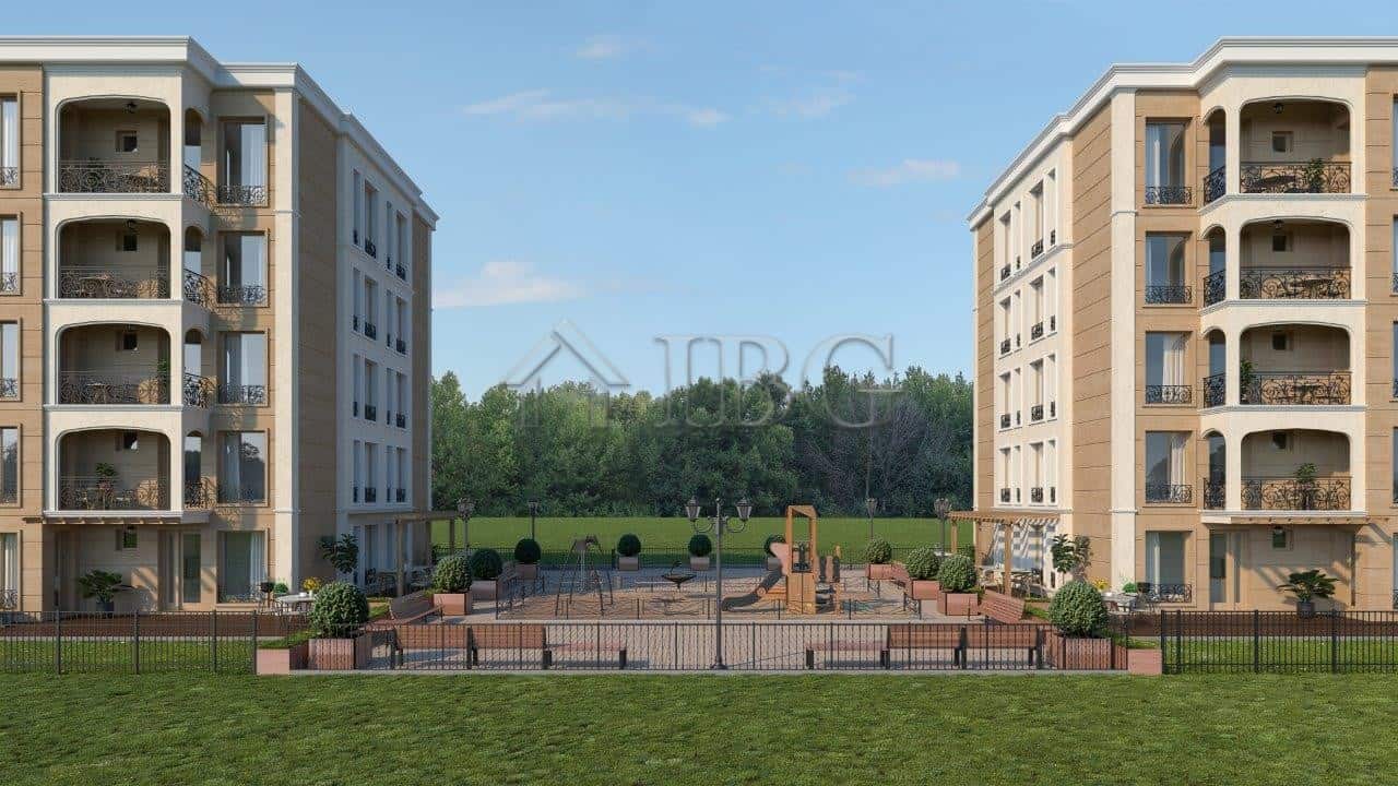 Modern residential complex in Nessebar with spacious balconies and landscaped gardens.