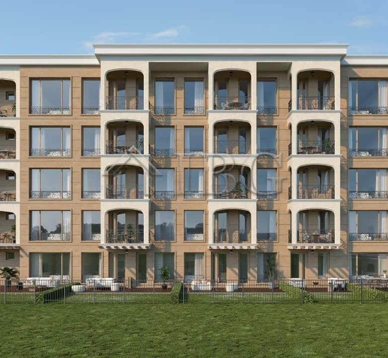 Modern residential building with balconies in Nessebar, Bulgaria.