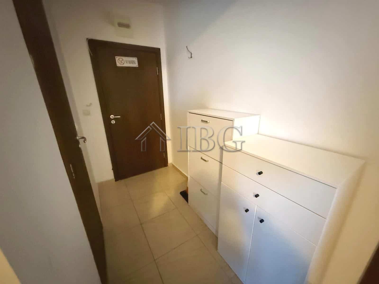 Furnished 1-bedroom apartment entrance in Sea Diamond, Sunny Beach, Bulgaria. Modern interior with w.