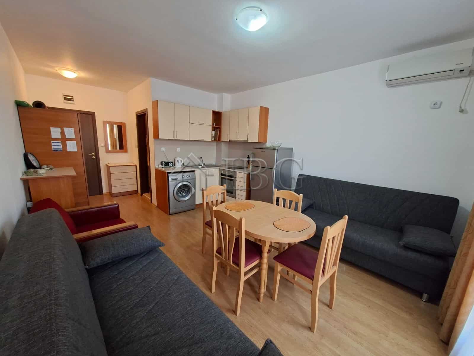 Bright furnished studio with open-plan living area and kitchen in Sunny Beach.