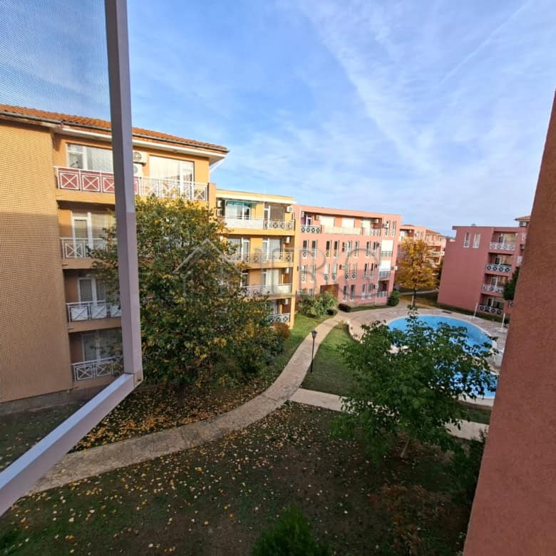 Bright sunny day view from a furnished studio apartment balcony in Sunny Beach.