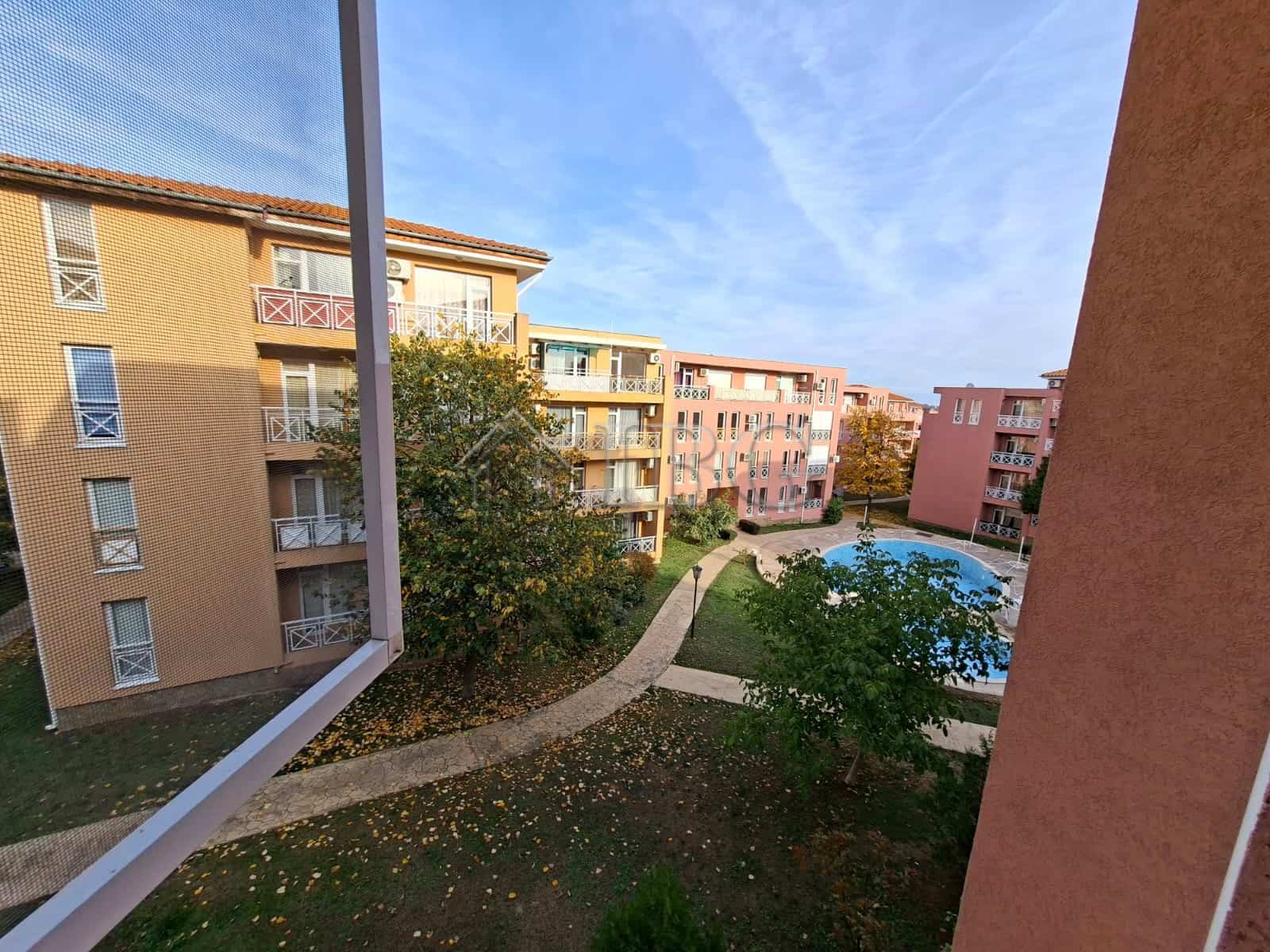Bright sunny day view from a furnished studio apartment balcony in Sunny Beach.