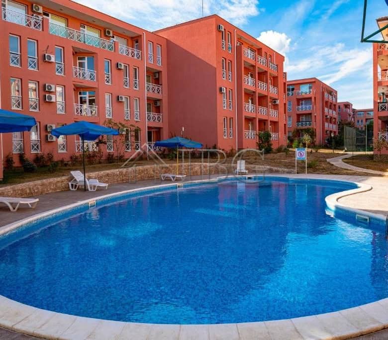 Furnished studio apartment with pool view in Sunny Beach, perfect for a relaxing holiday stay.