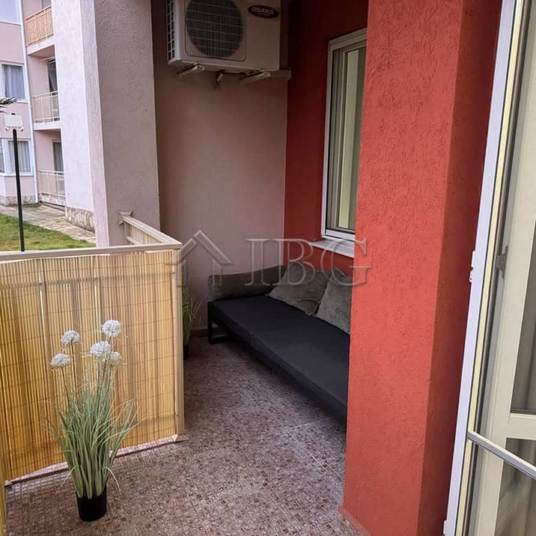 Balcony with pool view in a 1-bedroom apartment at Nessebar Fort Club, Sunny Beach.