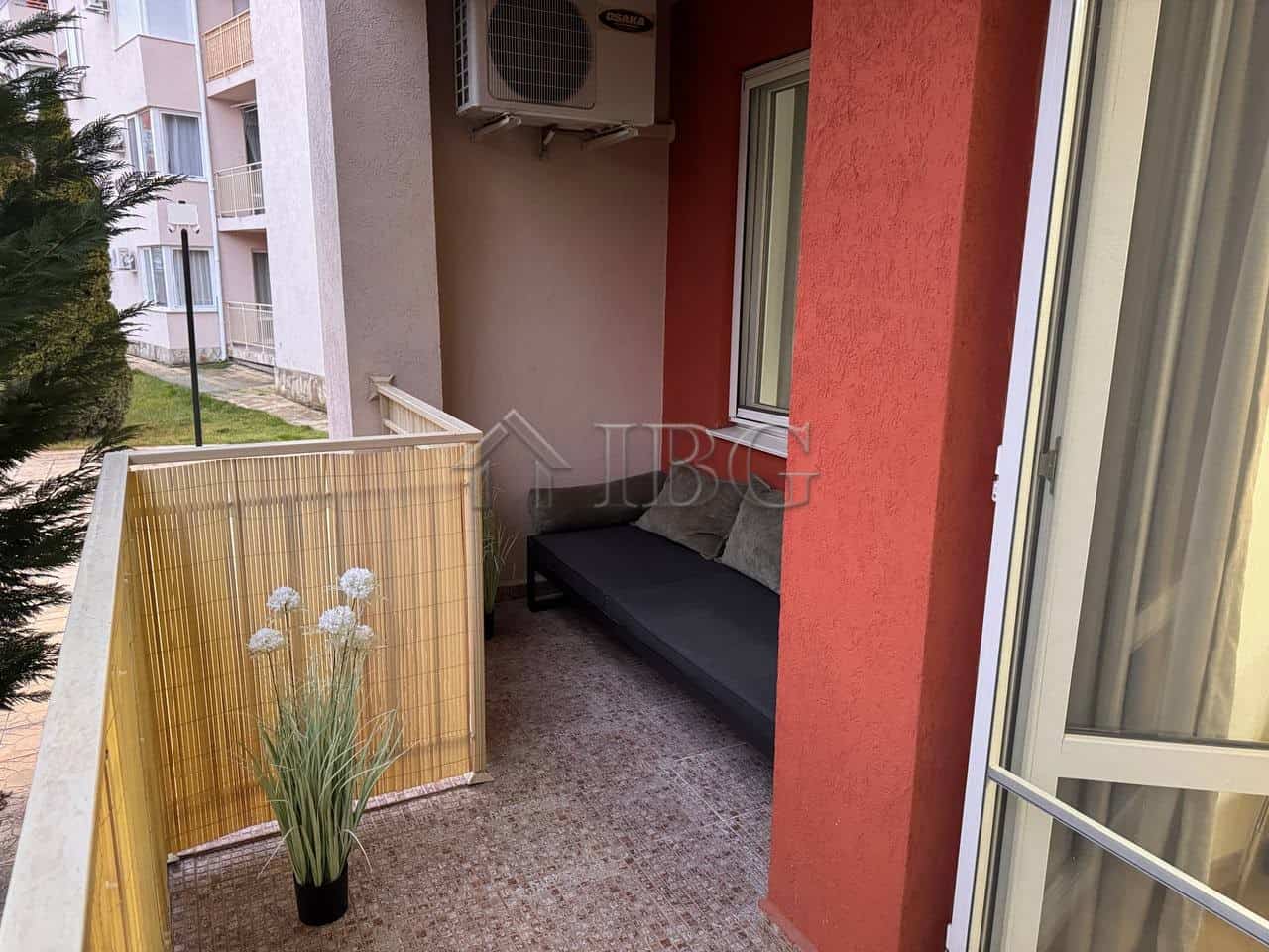 Balcony with pool view in a 1-bedroom apartment at Nessebar Fort Club, Sunny Beach.