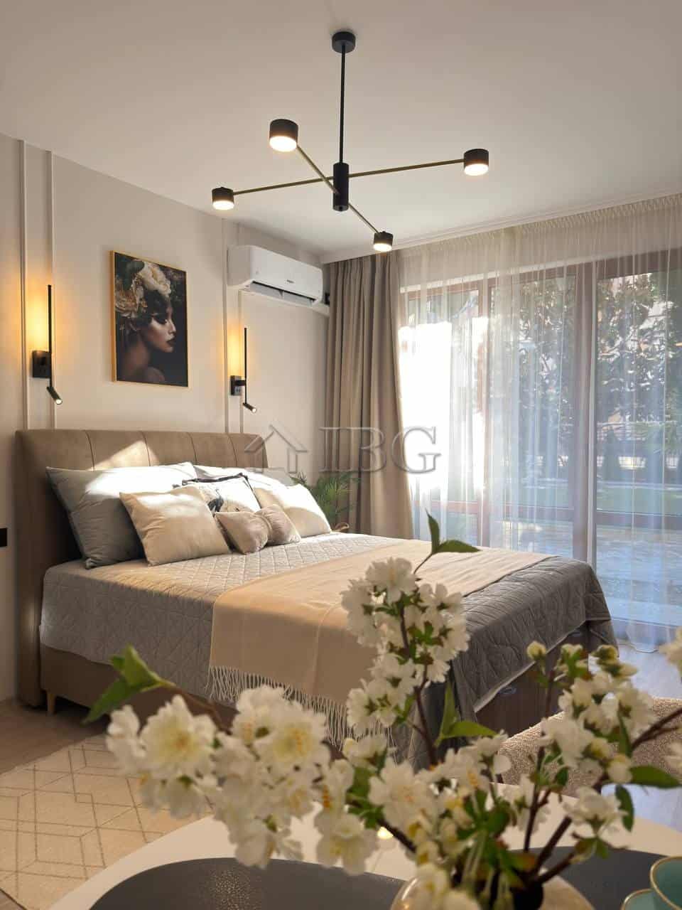Stylish studio apartment in Panorama Bay 2, Sveti Vlas featuring contemporary decor and scenic balco.