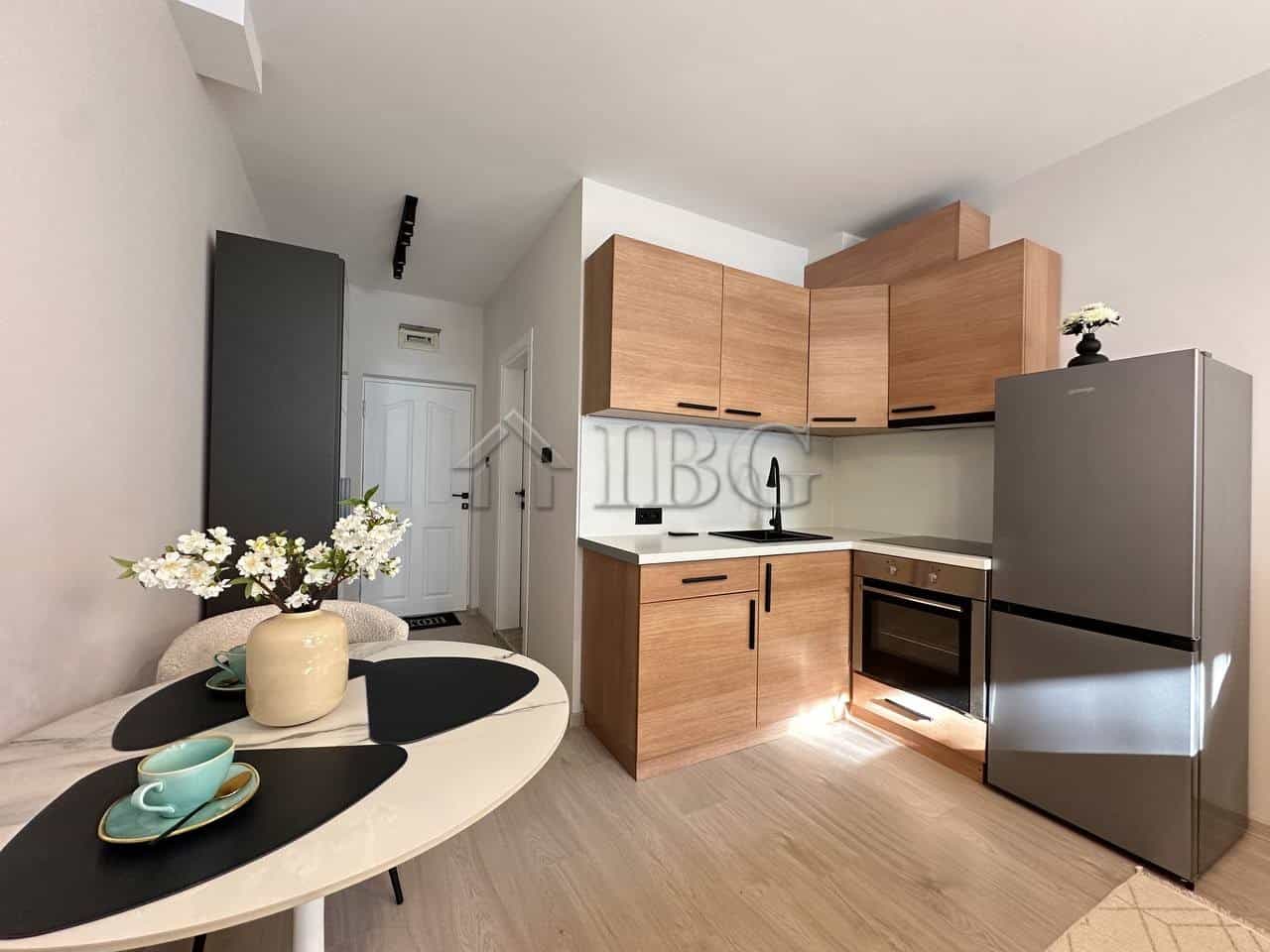 Cozy studio kitchen in Panorama Bay 2, Sveti Vlas, Bulgaria, with modern appliances and wooden cabin.