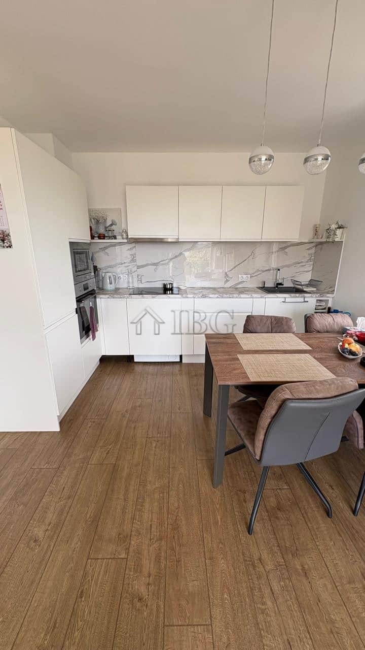 Bright modern kitchen in a 1-bedroom apartment with pool and yard view in Pomorie.